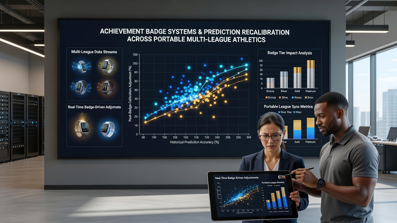 Users interacting with badge achievements and prediction recalibration metrics on portable devices across multiple sports leagues