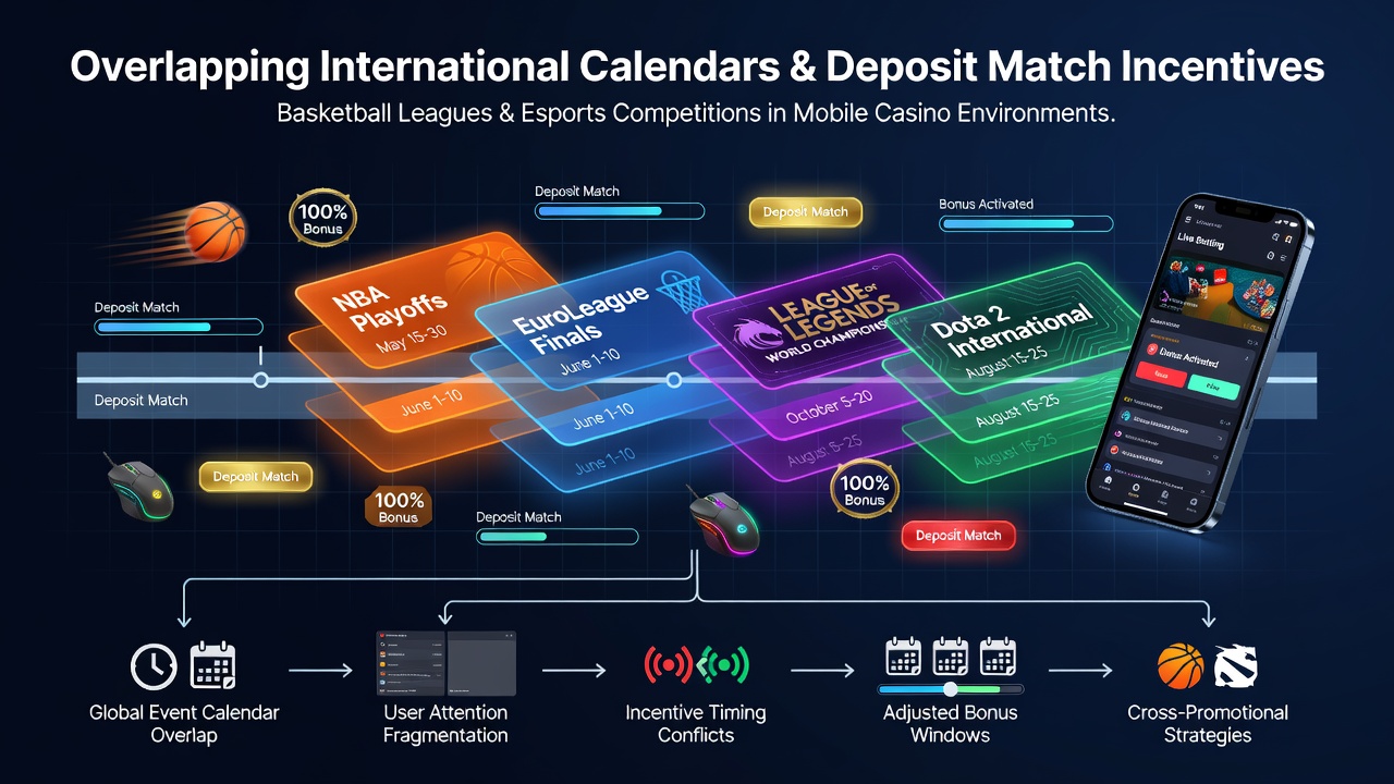 Mobile casino interface displaying deposit match offers during overlapping basketball and esports events