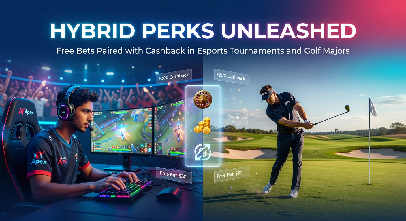 Dynamic scene of an esports arena packed with glowing screens during a major tournament, overlaid with betting interfaces showing free bet icons and cashback rebates, transitioning to a lush golf major fairway under sunny skies with leaderboard displays highlighting hybrid promo badges
