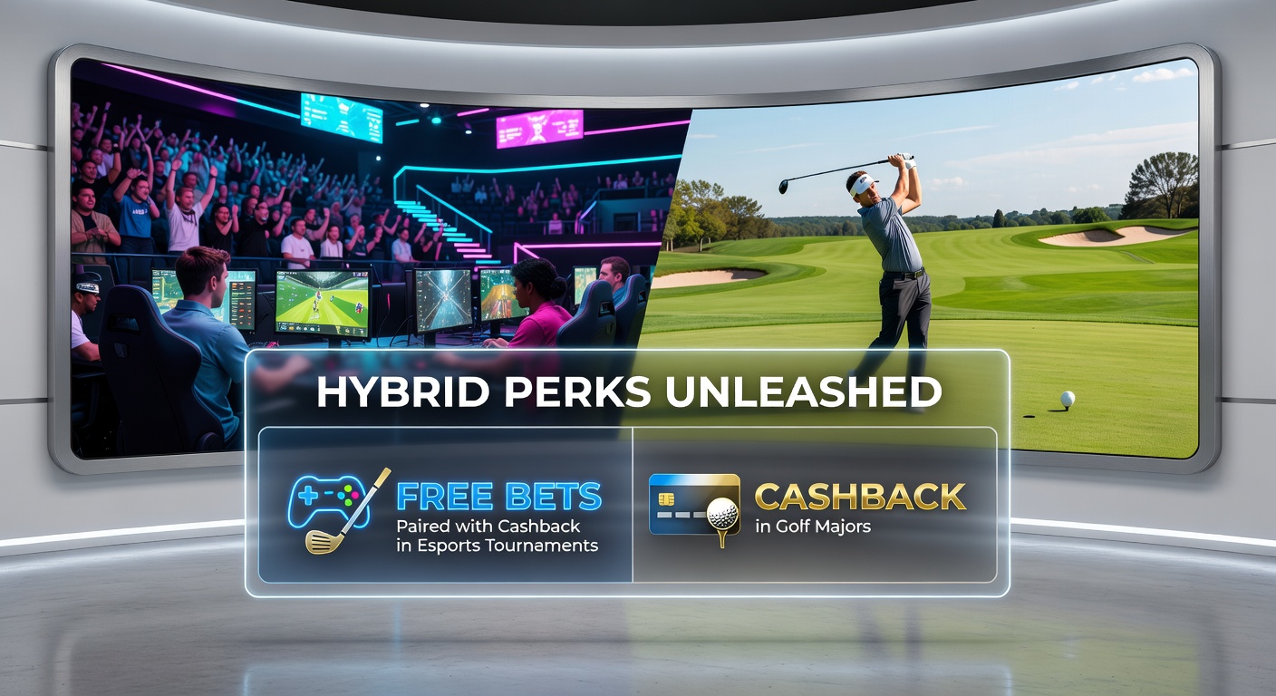Vibrant golf major leaderboard at twilight with players mid-swing on the green, digital overlays displaying cashback percentages and free bet tokens amidst tournament flags and spectator crowds