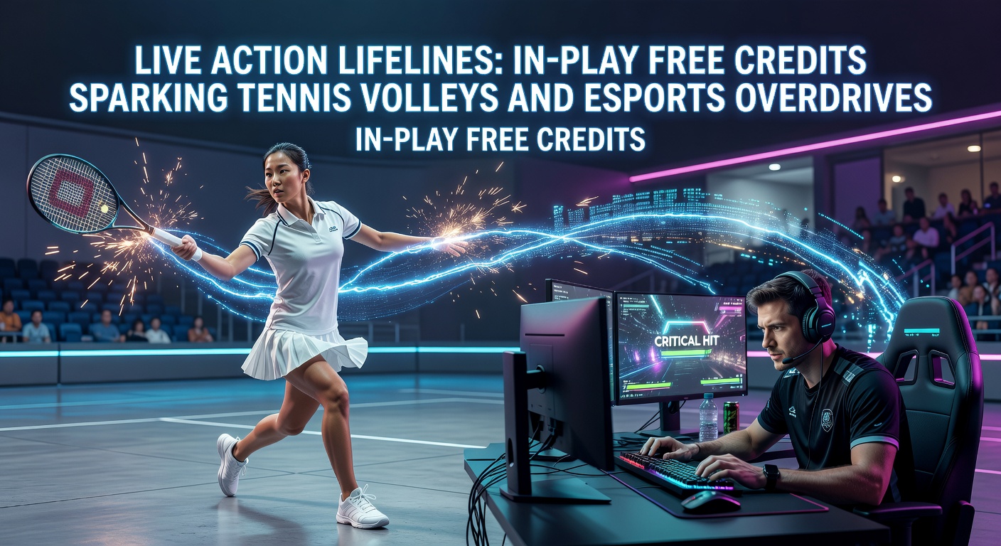 Dynamic tennis volley mid-match with live betting overlays showing free credit promotions flashing on screen during intense rallies