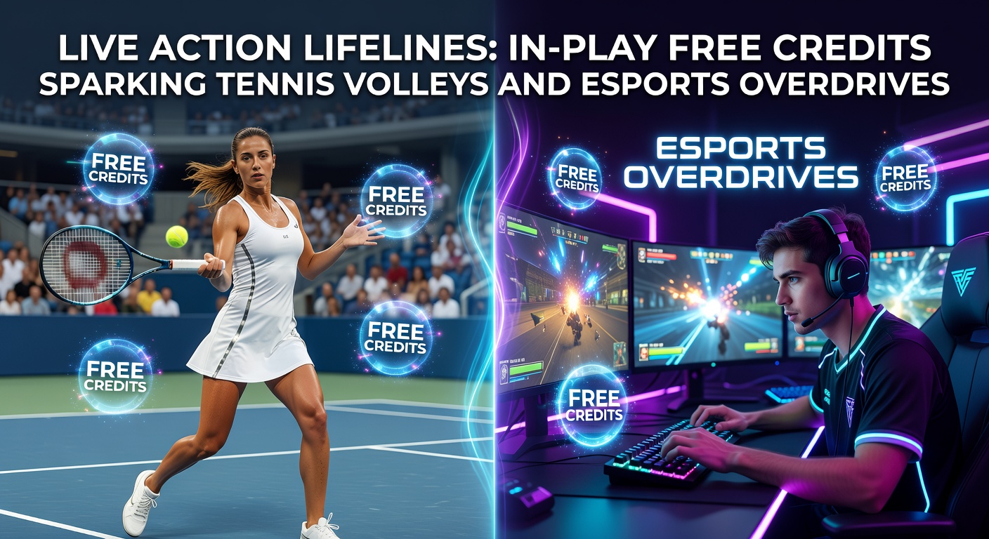 Esports team in overdrive during a high-octane match, screen split with live odds and free credit pop-ups amid chaotic gameplay
