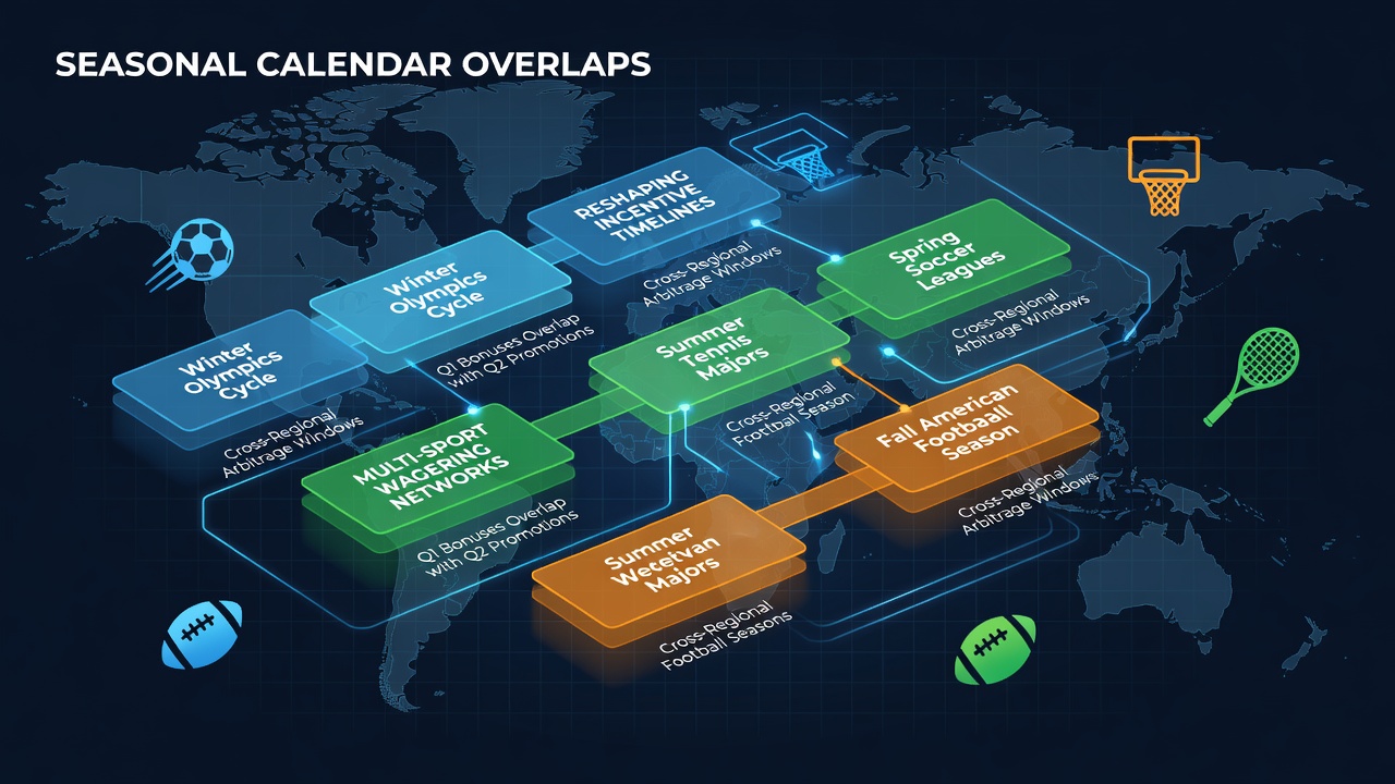 Global sports calendars showing overlapping seasons for football, basketball, tennis, and esports events with layered promotional timelines