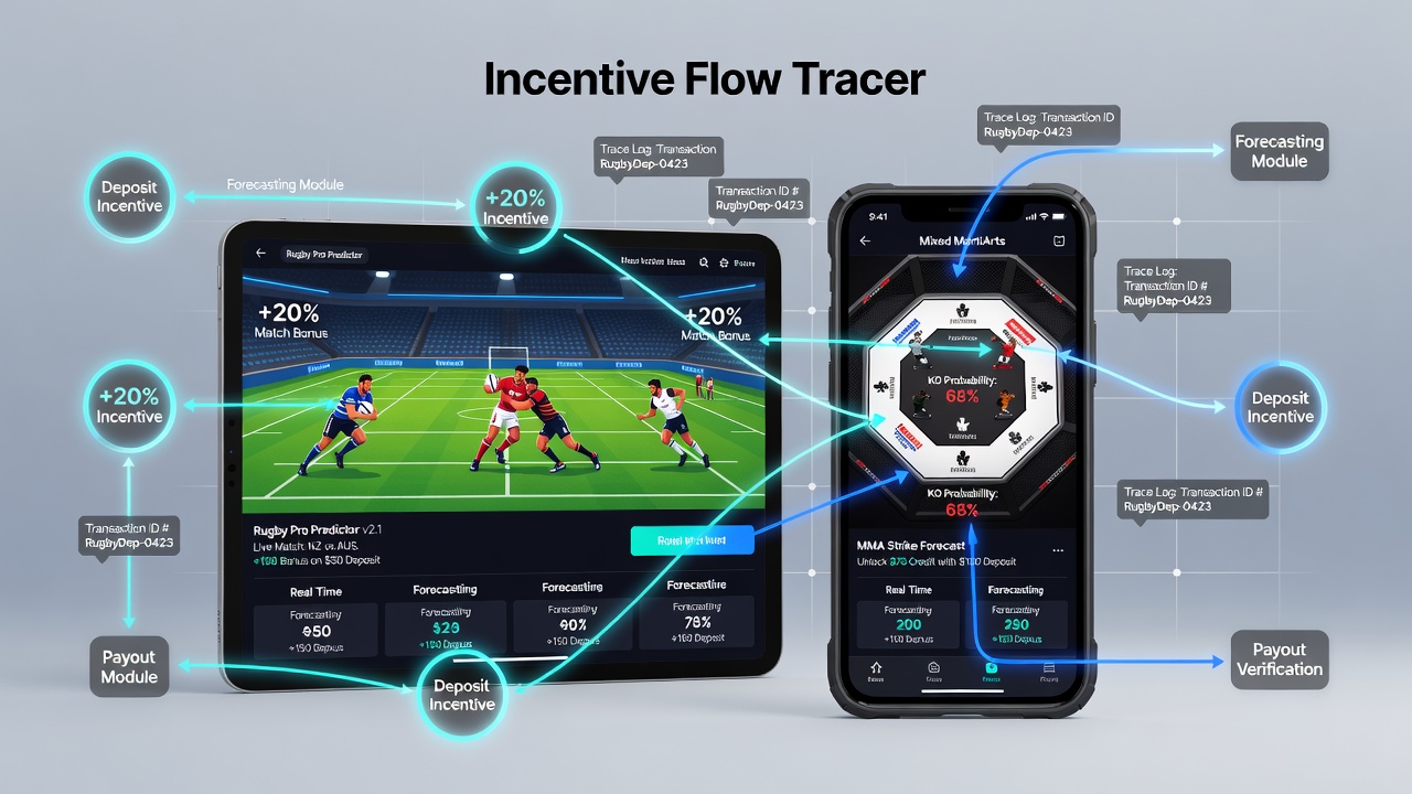 Mobile interface showing deposit incentives flowing into rugby and MMA forecasting apps