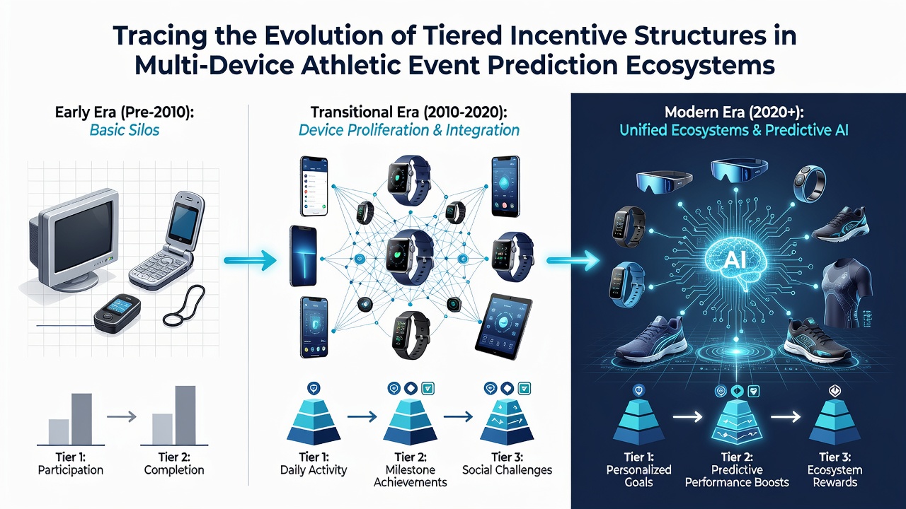 Timeline graphic showing the progression of tiered rewards from basic mobile apps to integrated multi-device athletic prediction platforms with layered incentives across devices