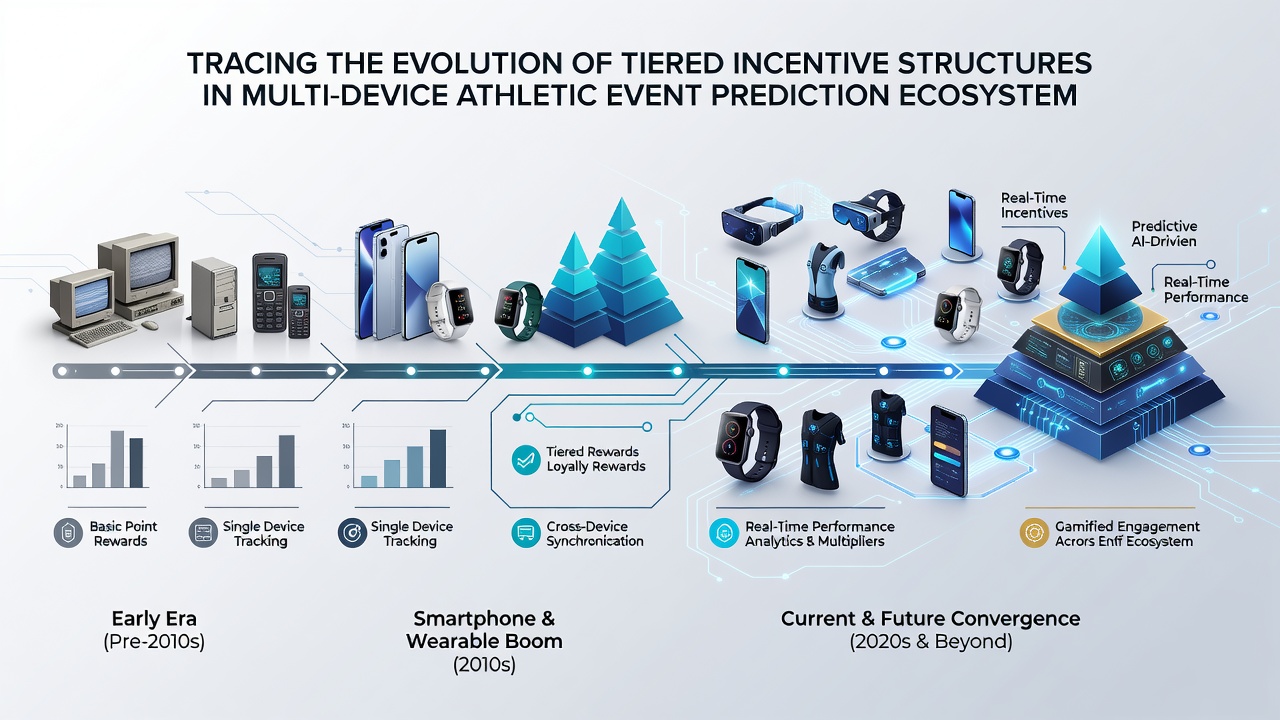 Infographic illustrating current tiered structures with examples of multi-device syncing in athletic event prediction apps and cumulative reward pathways