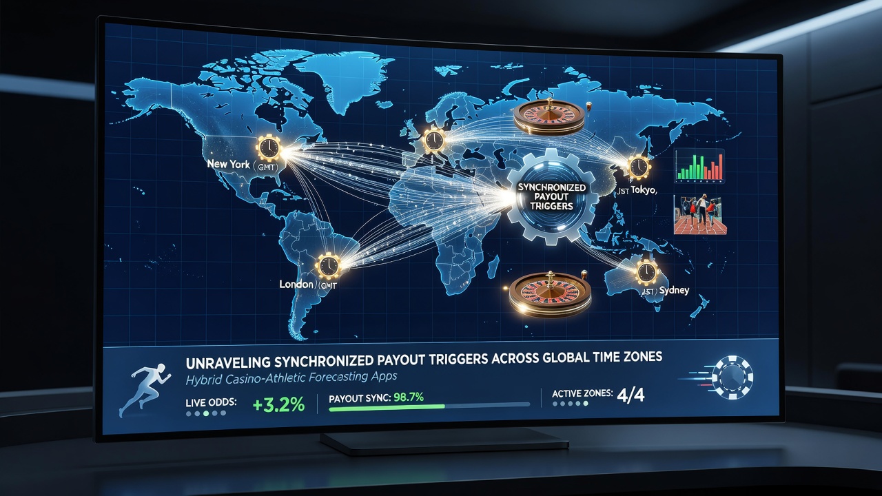 Global time zone synchronization in hybrid casino and sports forecasting apps visualized with world clocks and digital interfaces